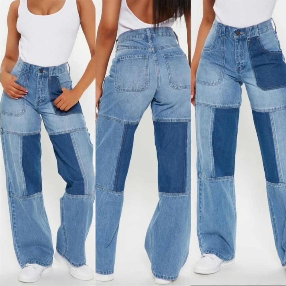 NWOT High Rise Wide Leg La Brea Two-Tone Utility Jeans in Medium Wash